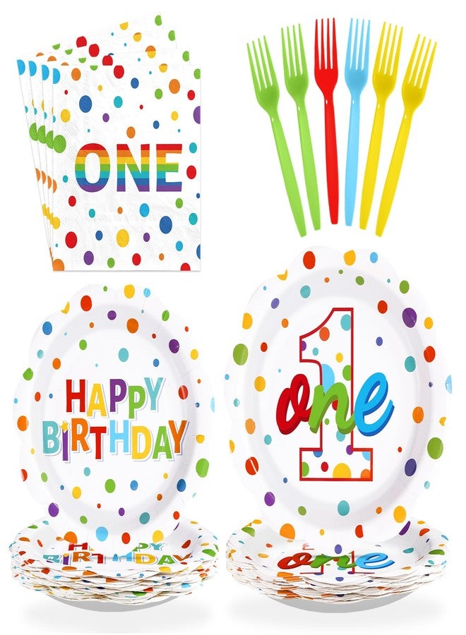 Greencian 96Pcs Happy Birthday Party Supplies Colorful Polka Dots 1st Birthday Plates and Napkins Tableware Set Confetti Rainbow Party Decorations for Kids Baby Shower One Year Old Parties Decoration Serves 24 - Image 1